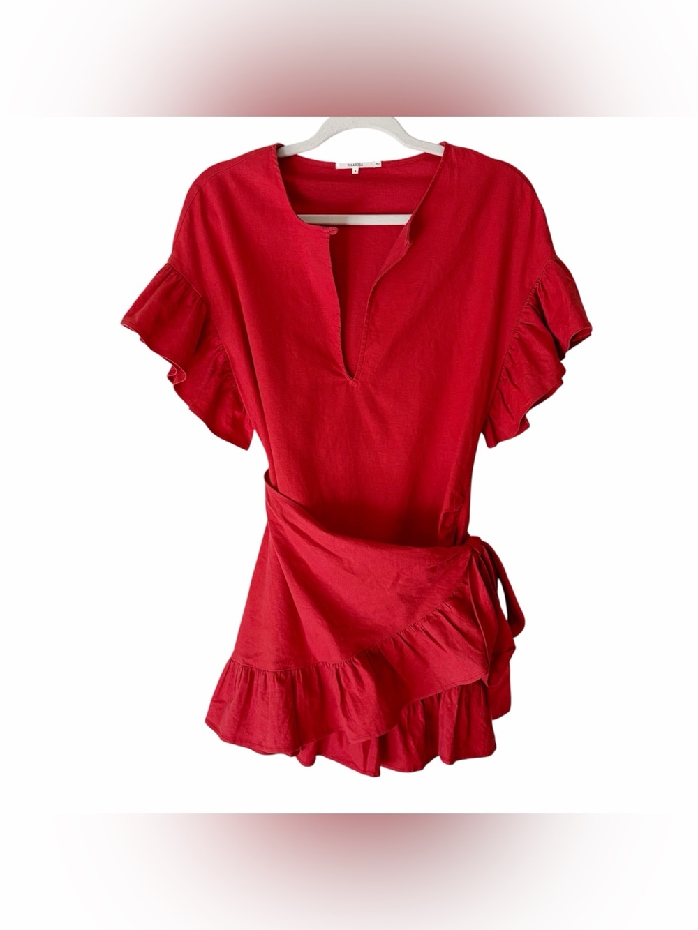Tularosa | Jenny Mini Wrap Dress Ruffles Linen Blend Side Tie Red Small
